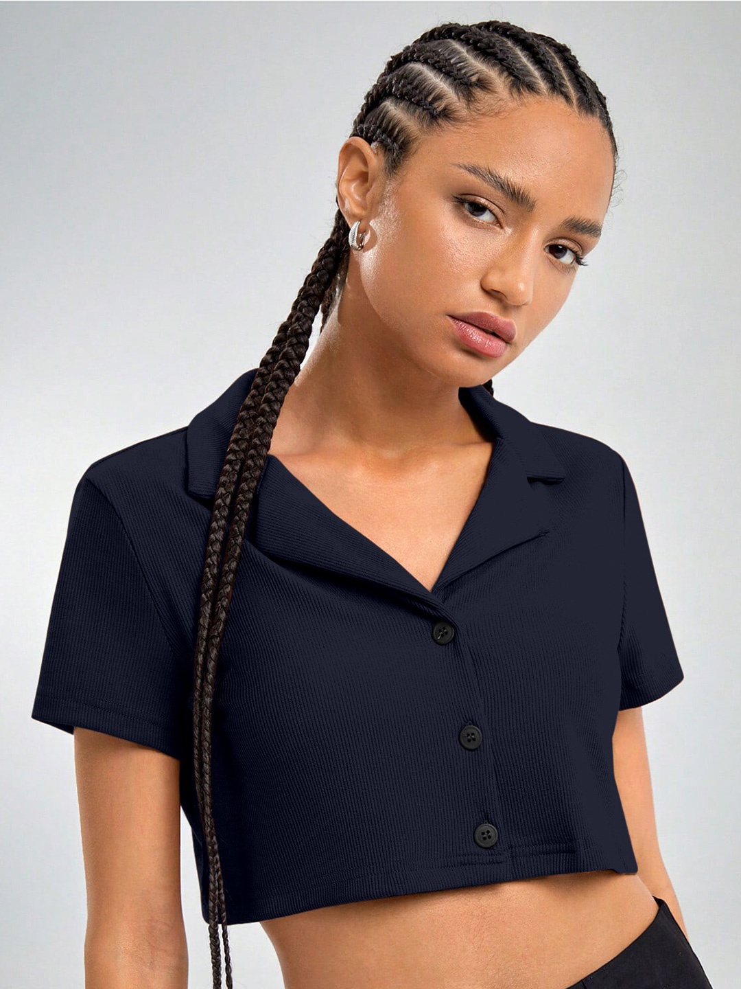 

AAHWAN Notched Collar Crop Shirt Style Top, Navy blue
