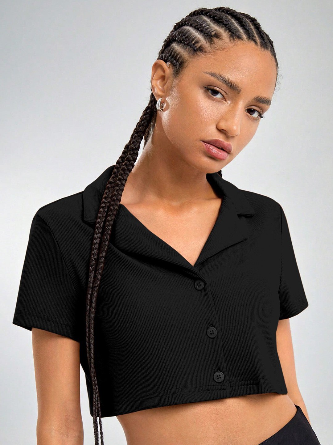 

AAHWAN Notched Collar Crop Shirt Style Top, Black