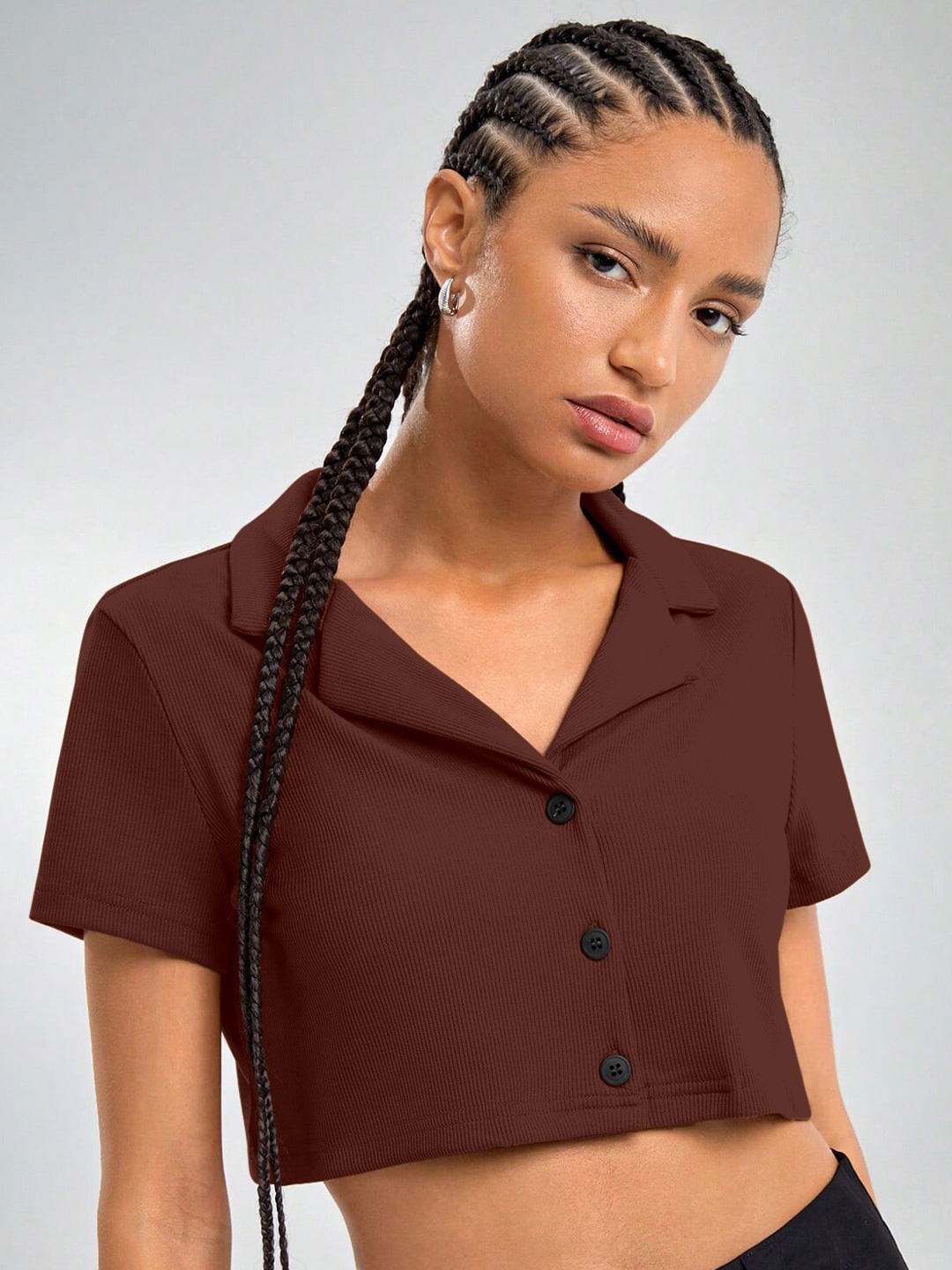 

AAHWAN Notched Collar Crop Shirt Style Top, Brown