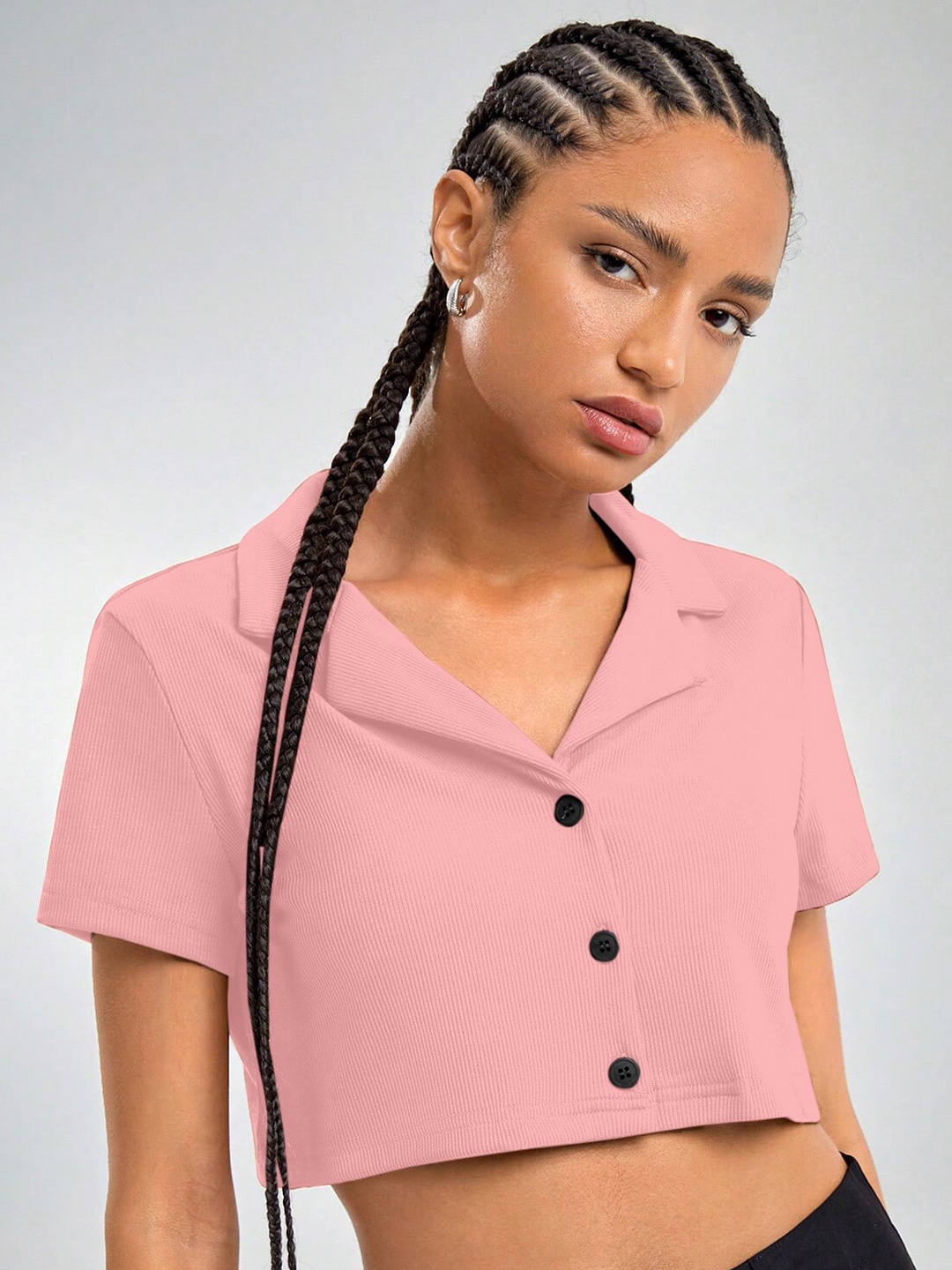 

AAHWAN Notched Collar Crop Shirt Style Top, Pink