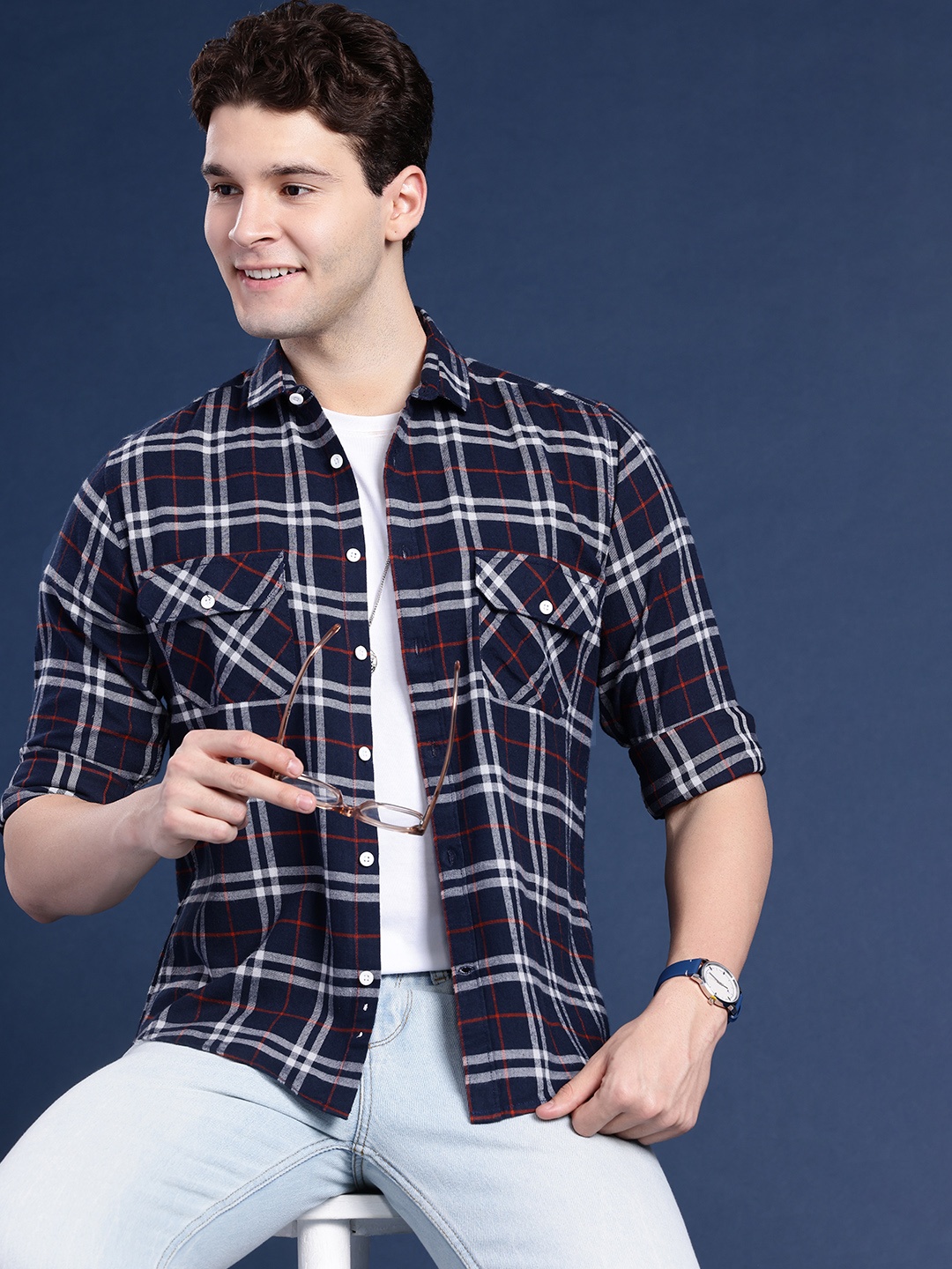 

Mast & Harbour Men Tartan Checked Casual Shirt, Navy blue