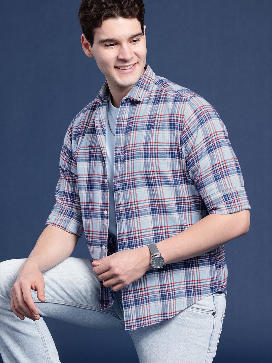 

Mast & Harbour Men Tartan Checked Casual Shirt, Turquoise blue