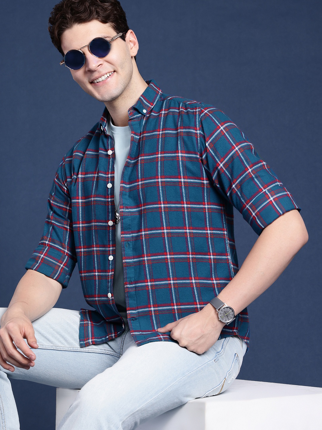

Mast & Harbour Men Tartan Checked Casual Shirt, Navy blue