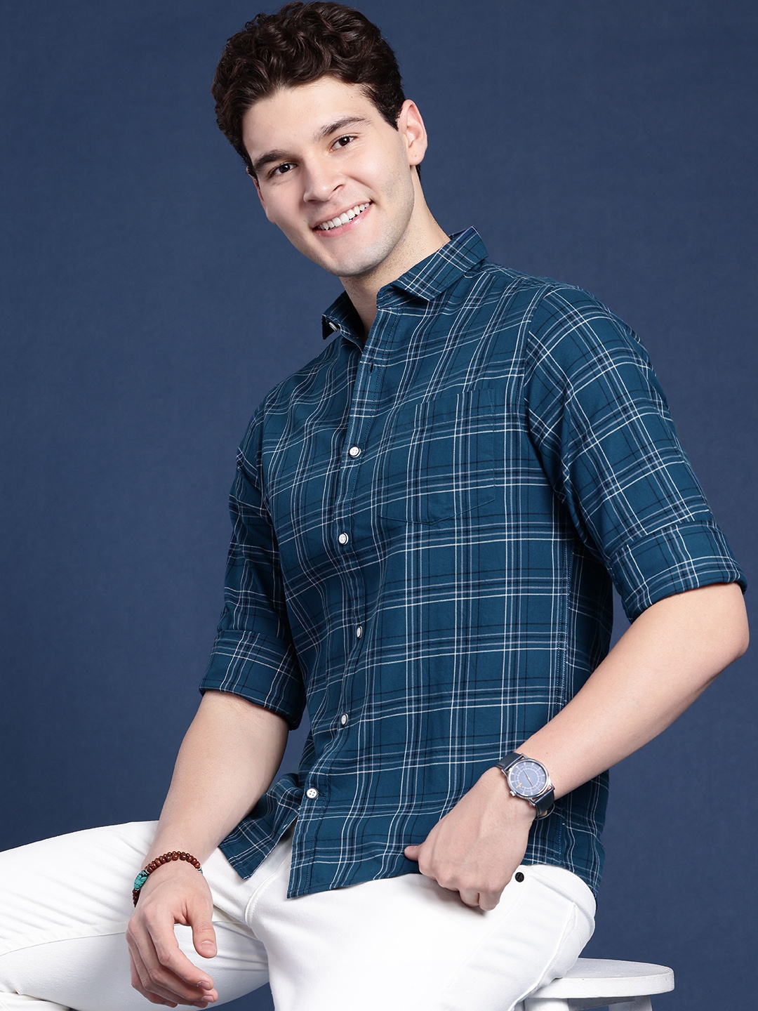 

Mast & Harbour Men Tartan Checked Casual Shirt, Navy blue