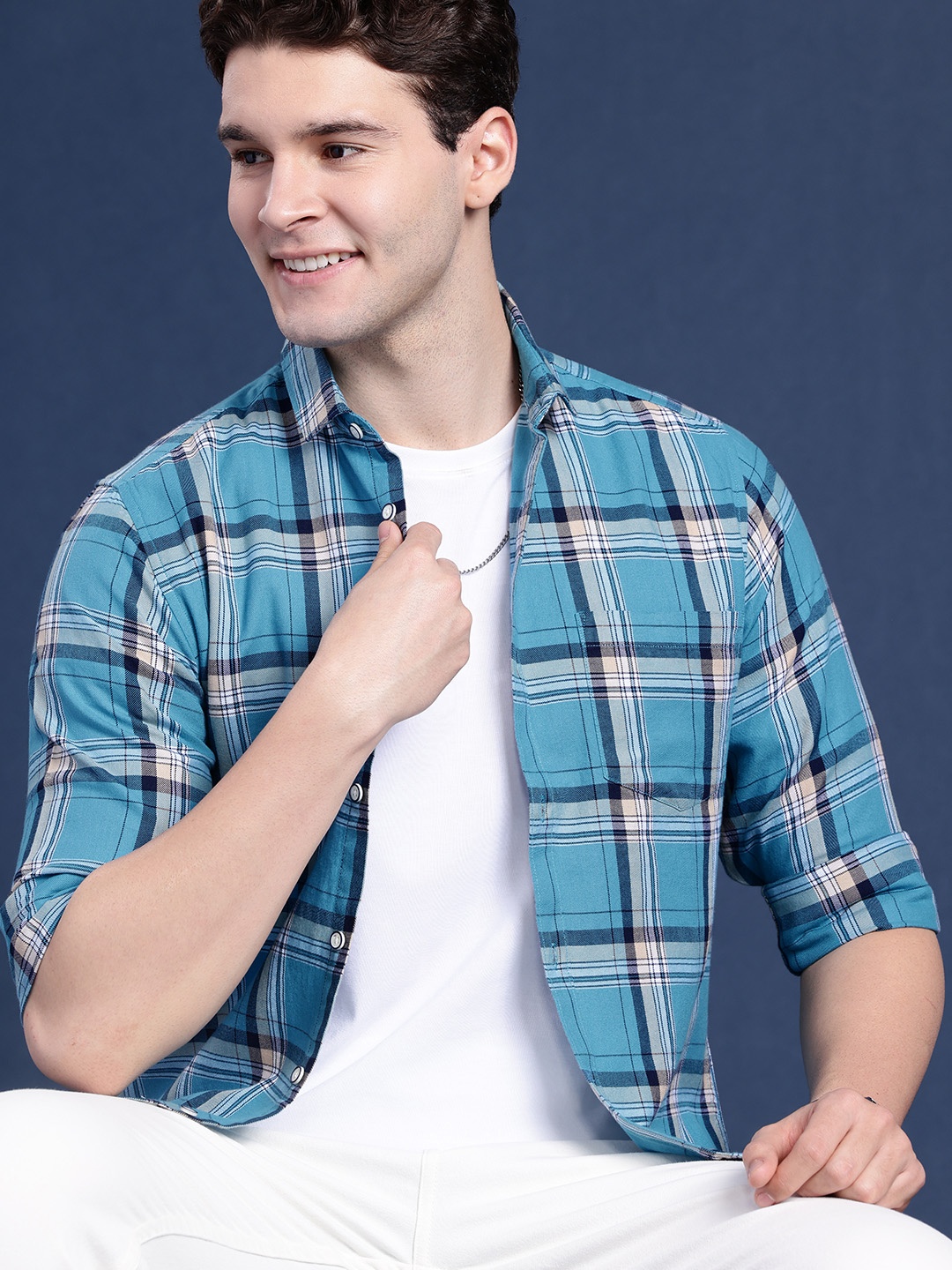 

Mast & Harbour Men Tartan Checked Casual Shirt, Turquoise blue