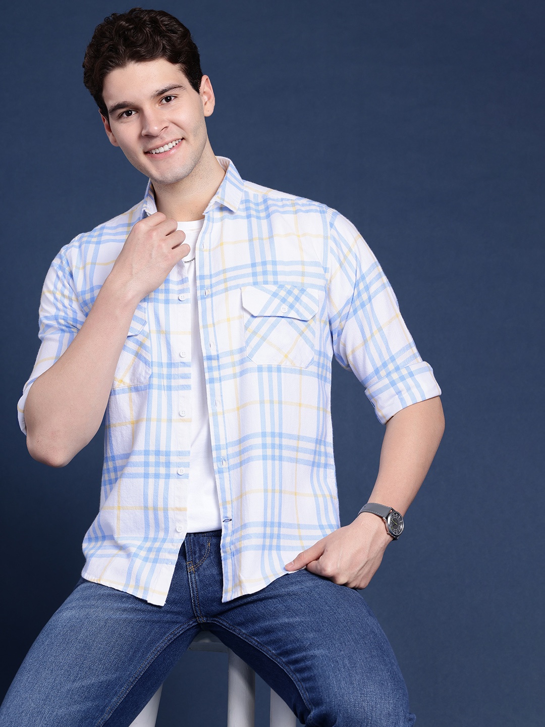 

Mast & Harbour Men Tartan Checked Casual Shirt, Blue