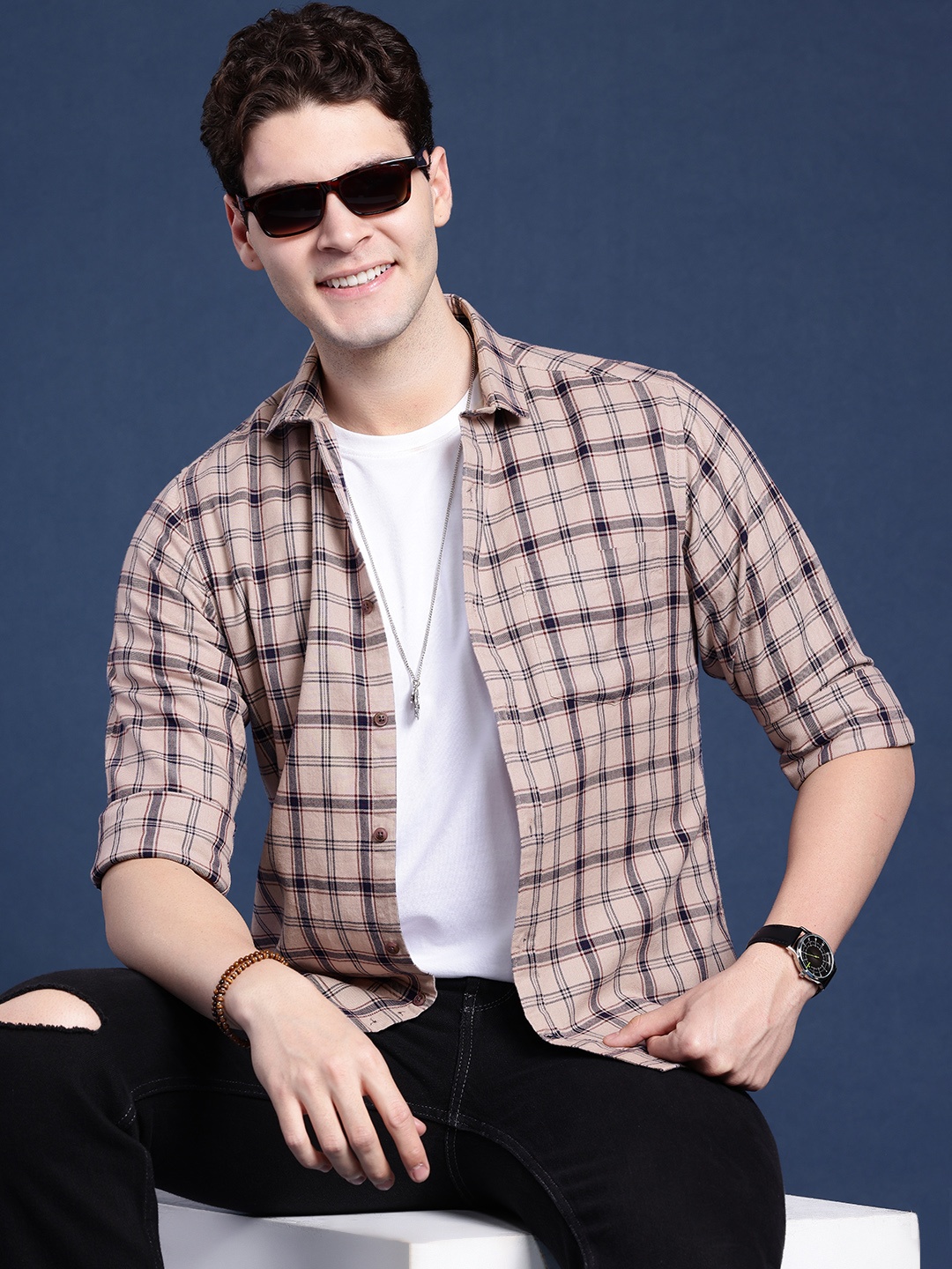 

Mast & Harbour Men Tartan Checked Casual Shirt, Beige