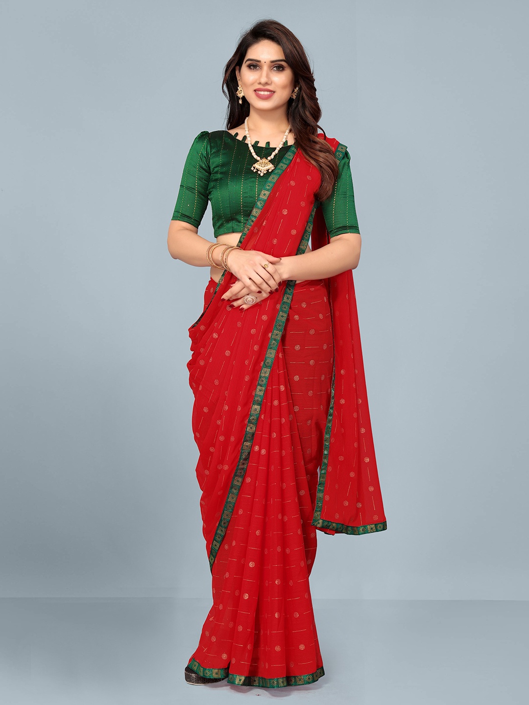 

Ashiya Fab Geometric Printed Pure Georgette Banarasi Saree, Red