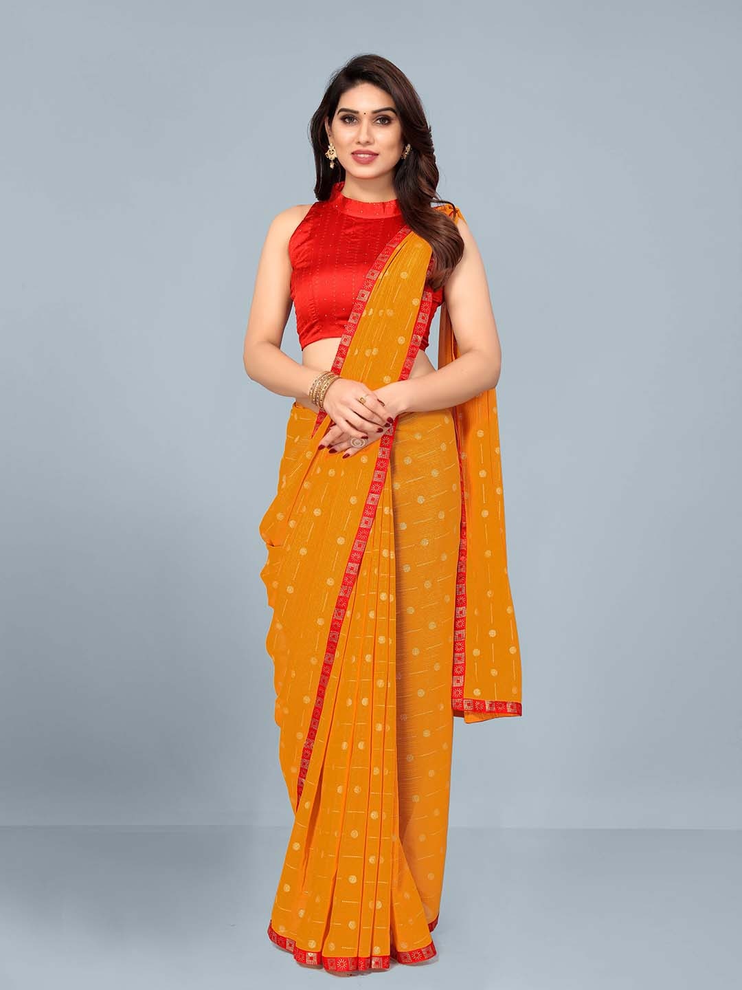 

Ashiya Fab Geometric Printed Pure Georgette Banarasi Saree, Mustard