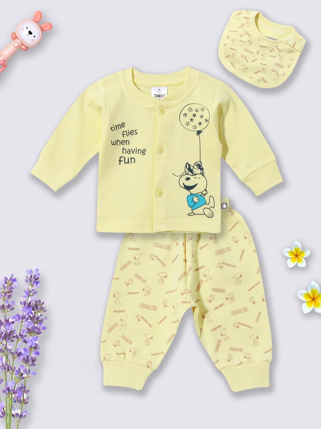 

Moms Love Infants Boys Printed Pure Cotton T-shirt With Pyjamas & Bib, Yellow