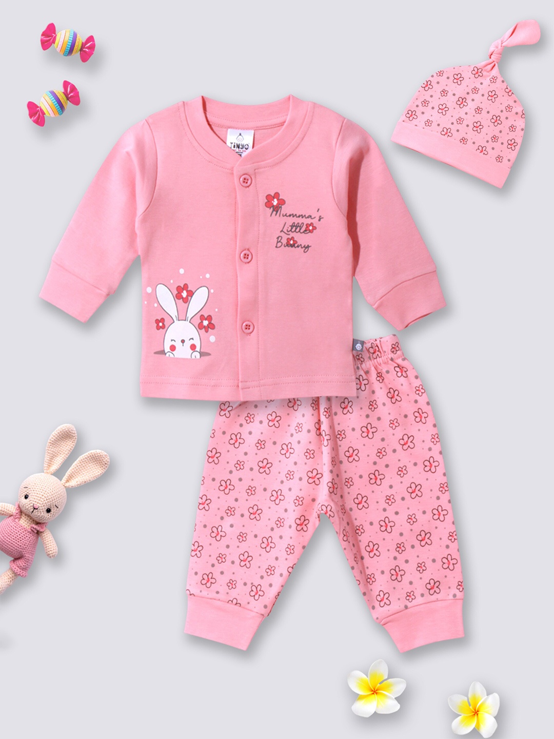 

Moms Love Infant Girls Printed Pure Cotton Top with Pyjamas With Cap, Peach