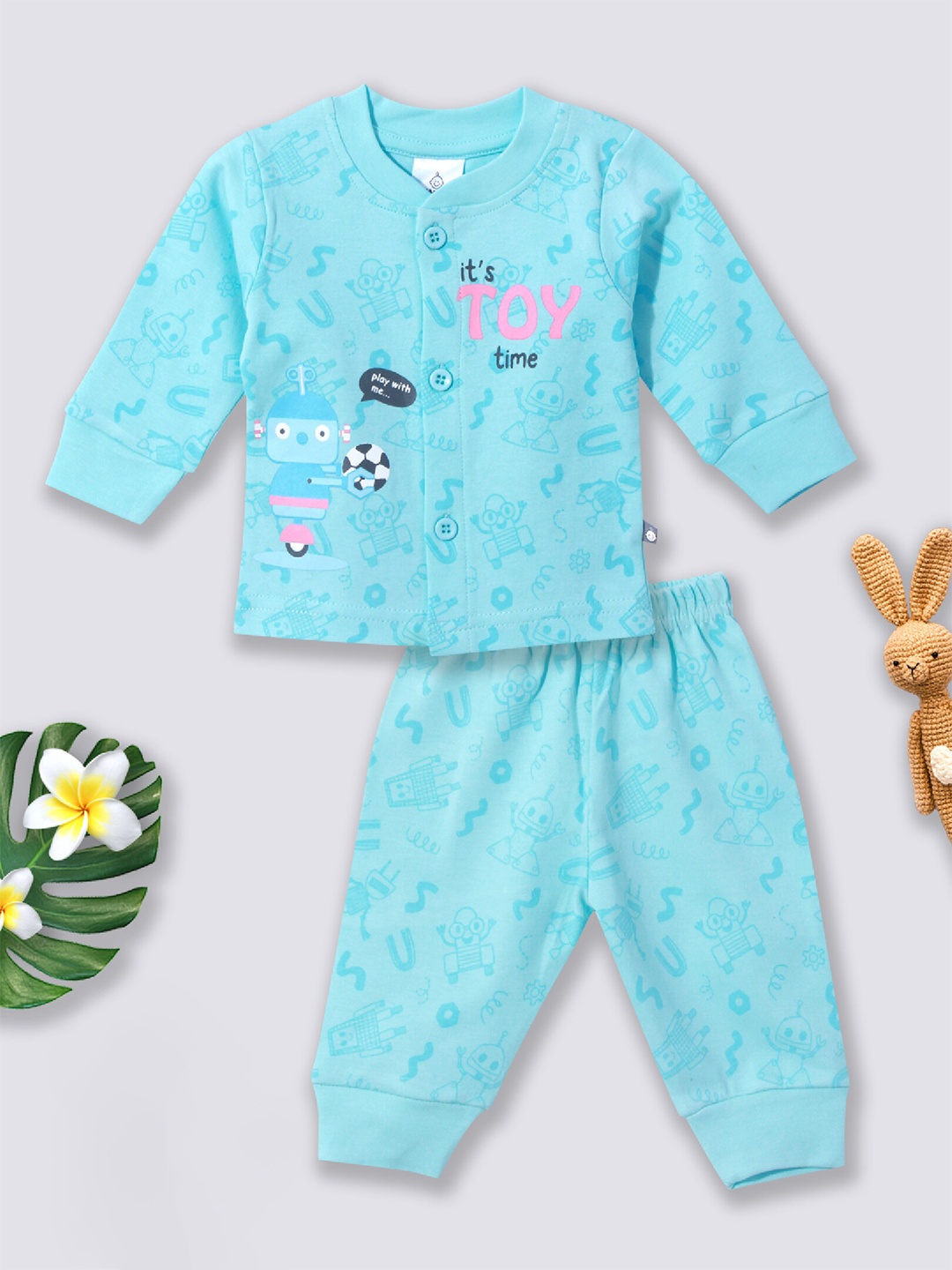 

Moms Love Infants Boys Printed Pure Cotton T-shirt with Pyjamas, Blue