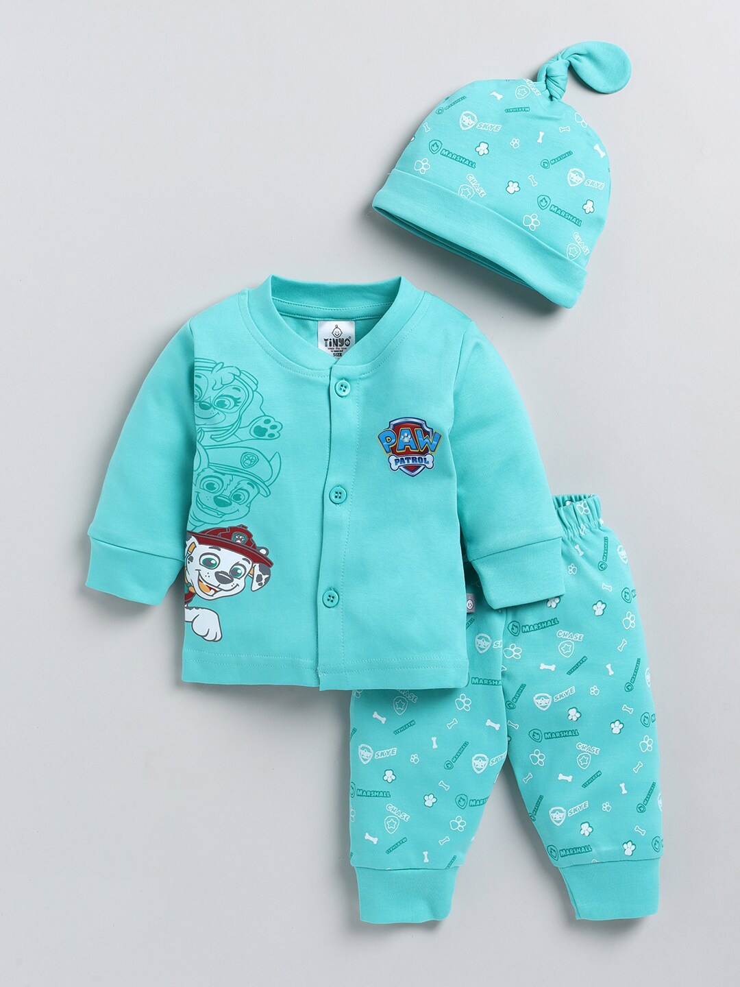 

Moms Love Infant Boys Printed Pure Cotton T-shirt & Pyjamas With Cap, Sea green
