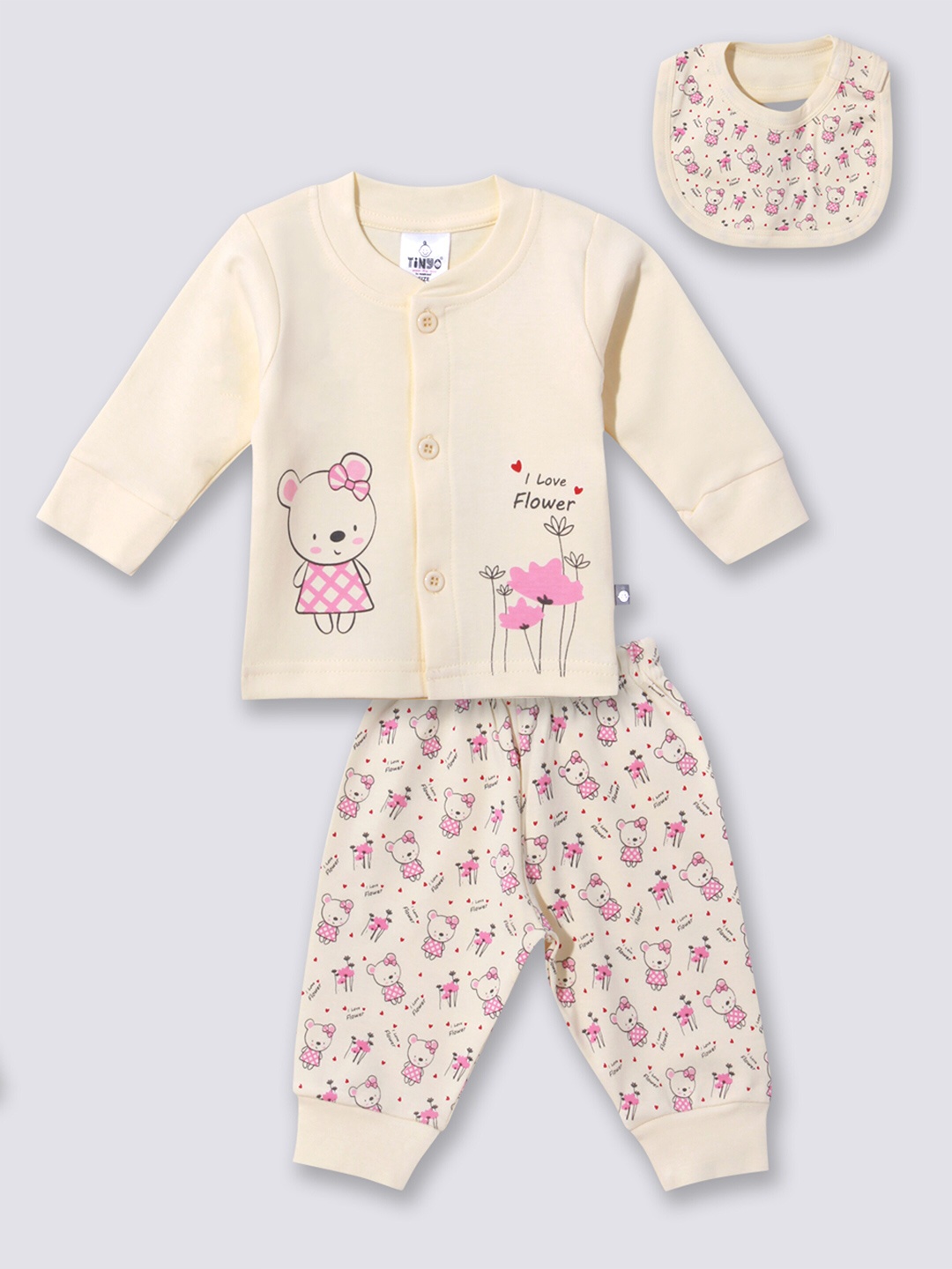 

Moms Love Infants Girls Printed Pure Cotton Top With Pyjamas & Bib, Off white