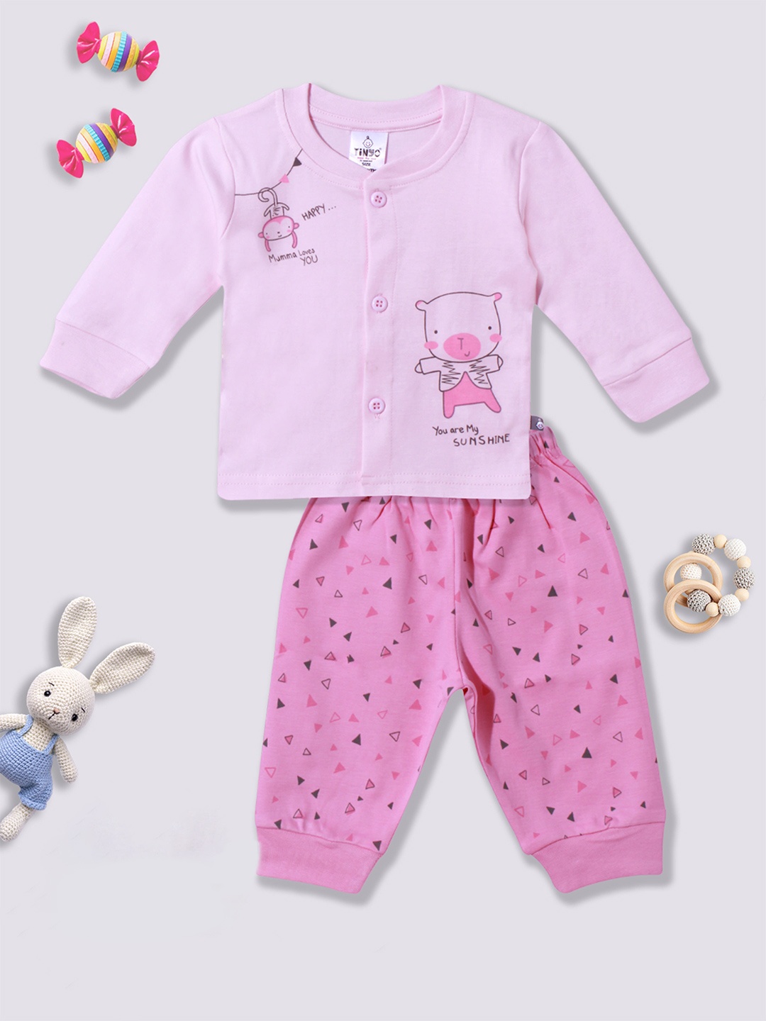 

Moms Love Infants Printed Pure Cotton Top with Pyjamas, Pink