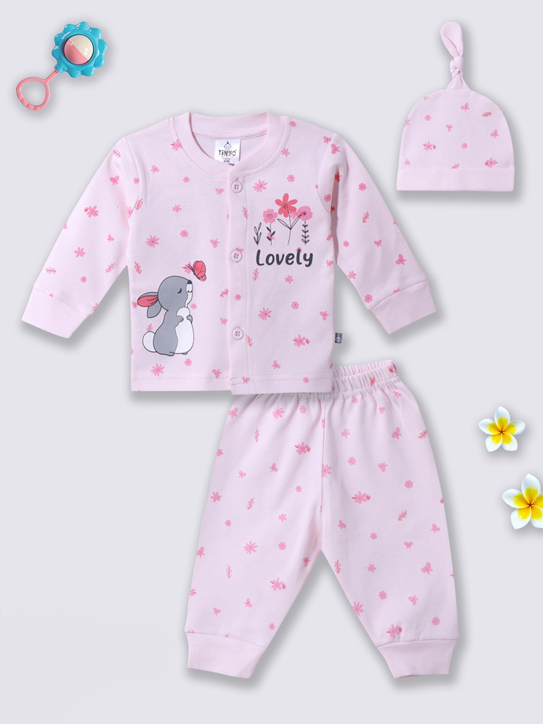 

Moms Love Infant Girls Printed Top & Pyjamas With Cap, Pink