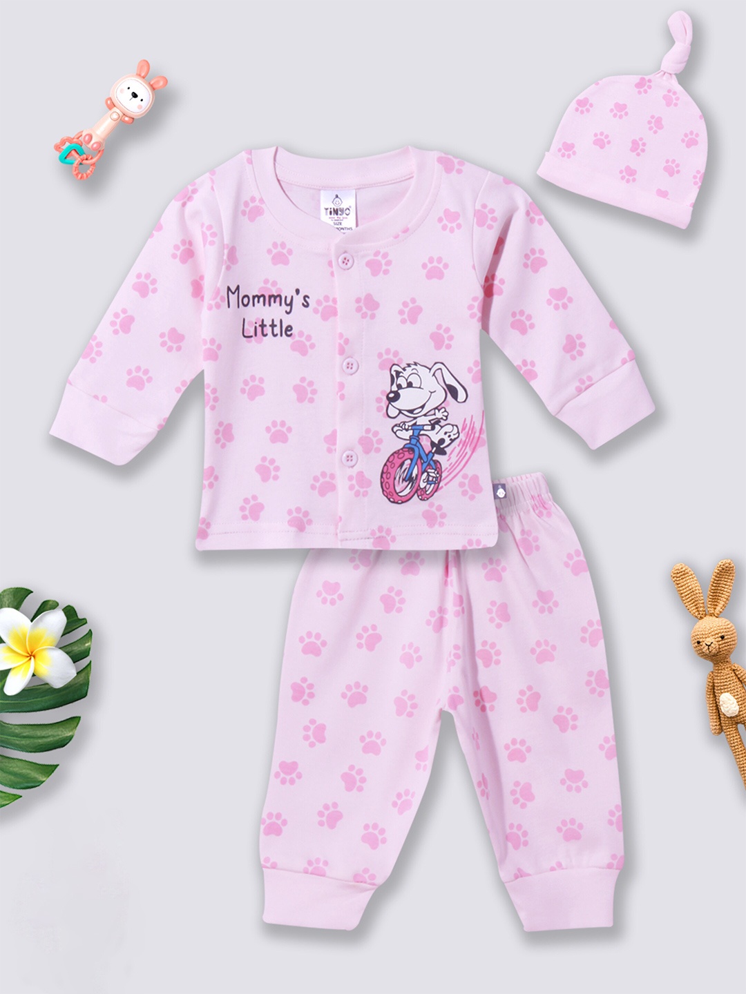 

Moms Love Infants Boys Conversational Printed Pure Cotton T-shirt With Pyjamas & Cap, Pink