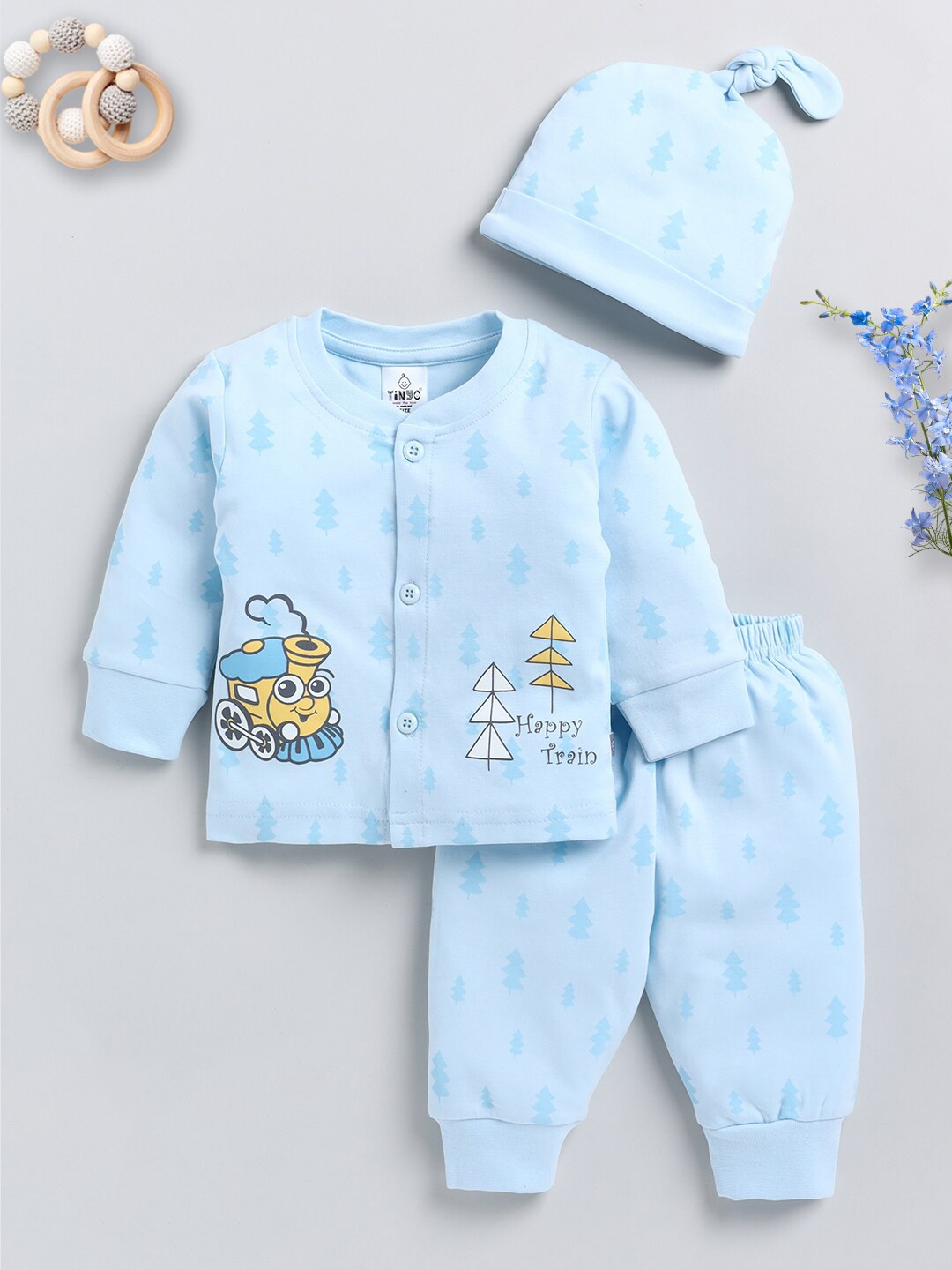 

Moms Love Infant Boys Printed Pure Cotton T-shirt & Pyjamas With Cap, Blue