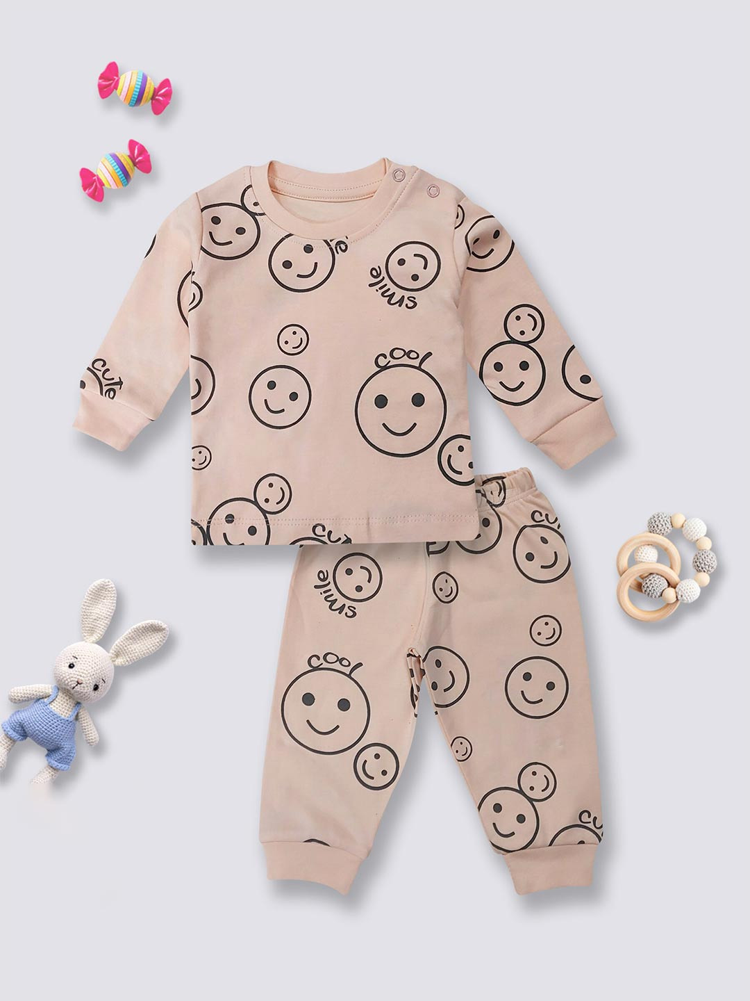 

Moms Love Infants Kids Printed Pure Cotton T-shirt with Pyjamas, Peach