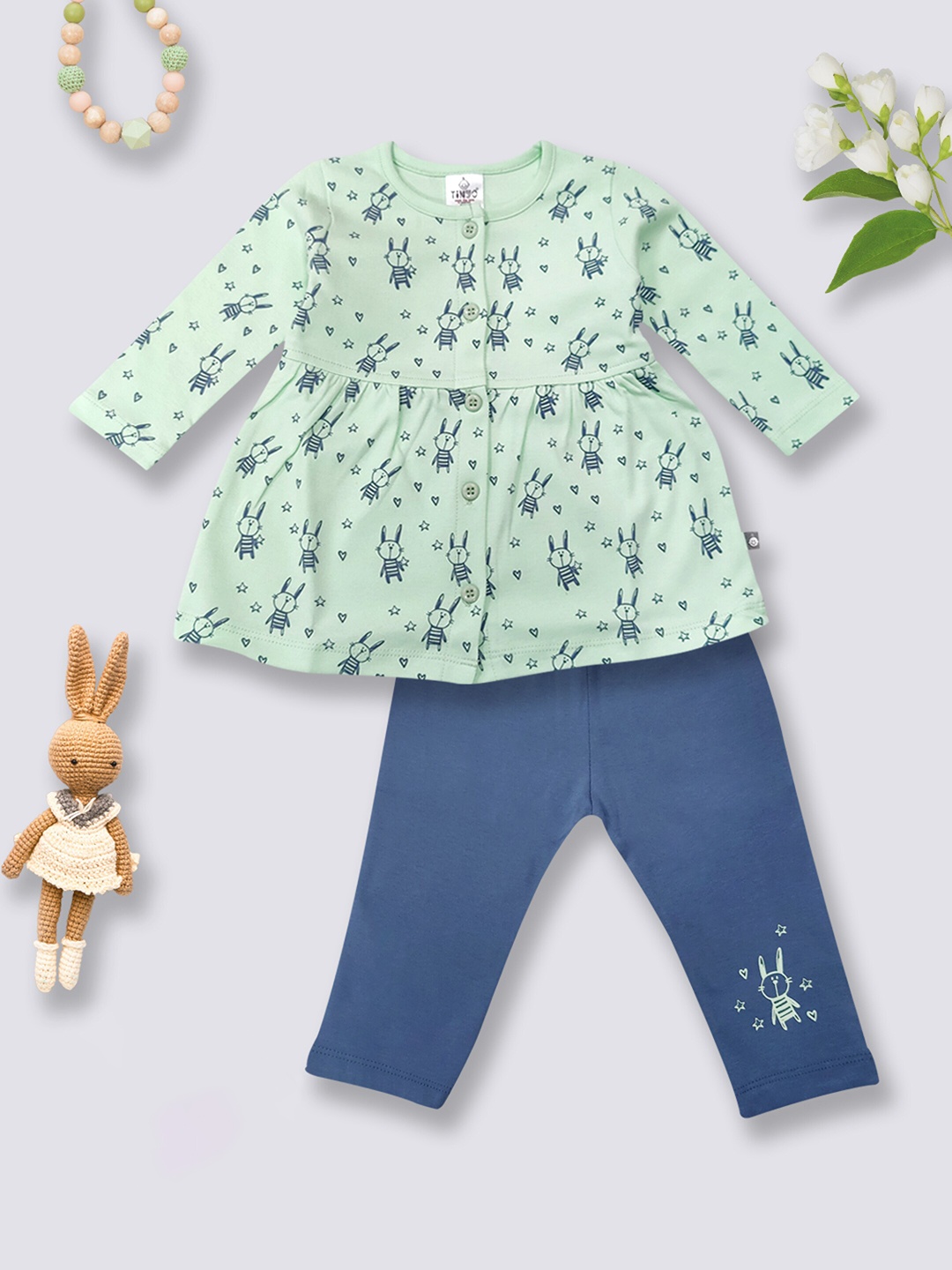 

Moms Love Infants Girls Printed Pure Cotton Top with Leggings, Sea green