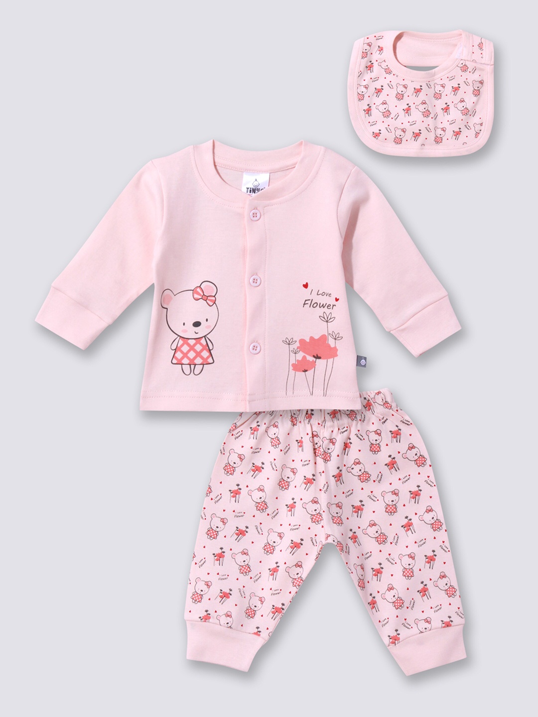 

Moms Love Infants Girls Printed Pure Cotton Top & Pyjamas With Bib, Peach
