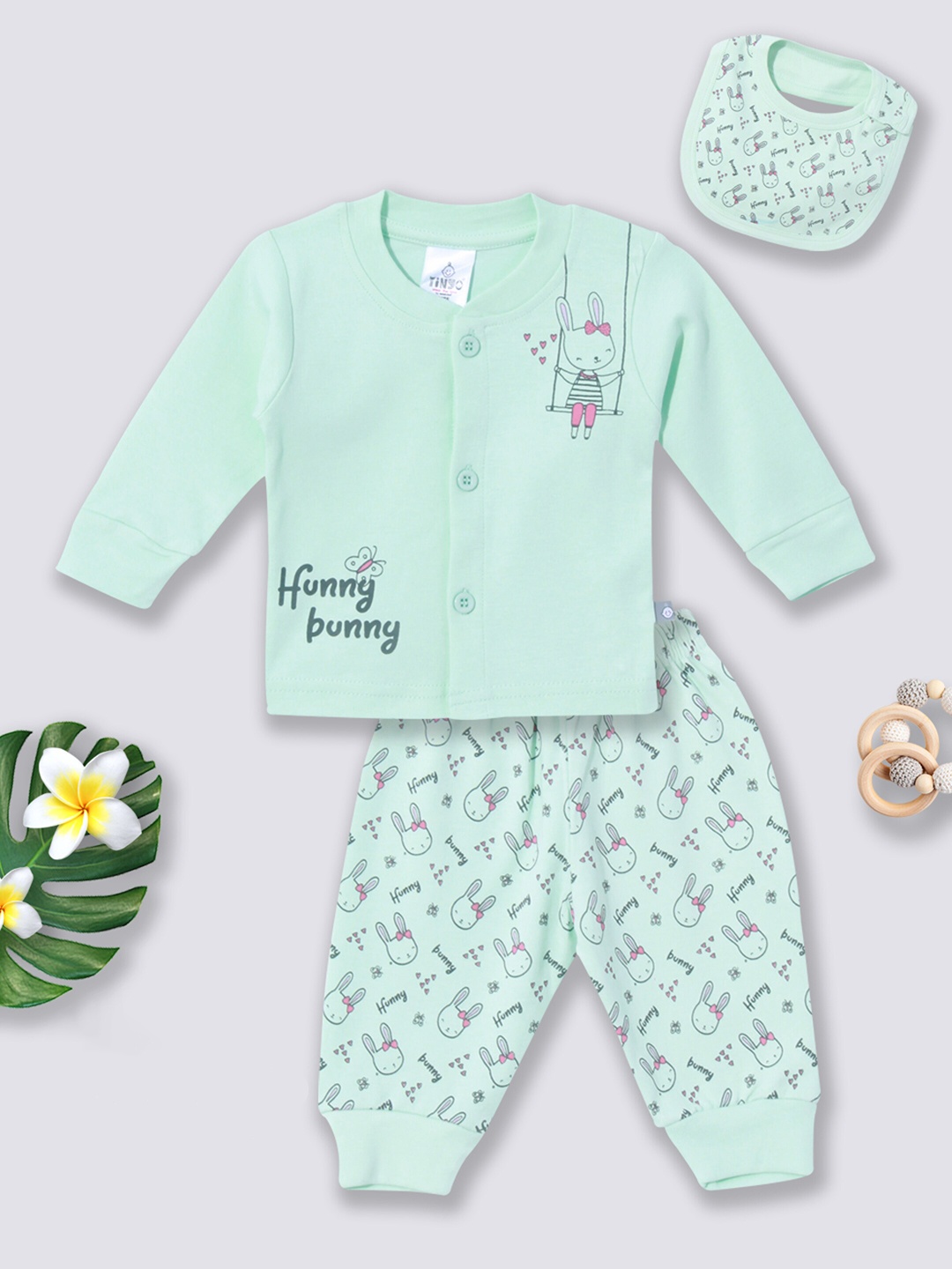 

Moms Love Infants Girls Printed Pure Cotton Top With Pyjamas & Bib, Sea green