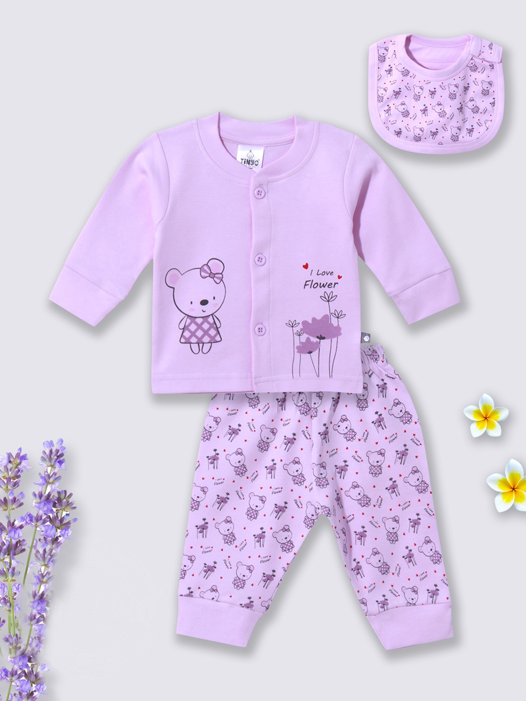 

Moms Love Infants Girls Conversational Printed Pure Cotton Top With Pyjamas & Bib, Lavender