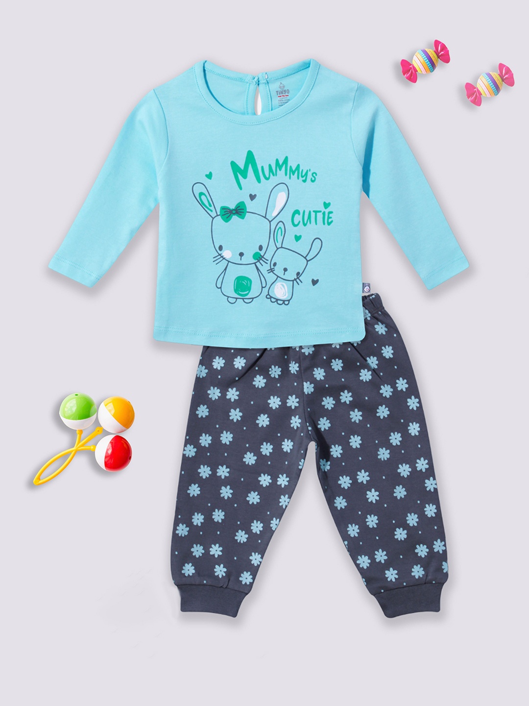 

Moms Love Infants Girls Printed Pure Cotton T-shirt With Joggers, Blue