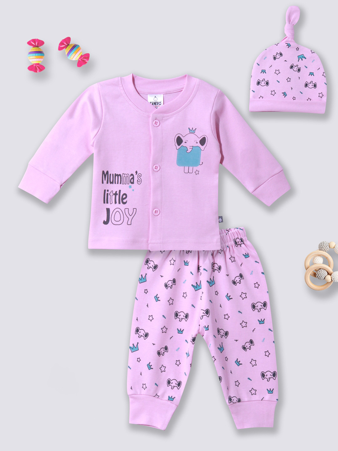 

Moms Love Infant Boys Printed Pure Cotton T-shirt & Pyjamas With Beanie, Purple