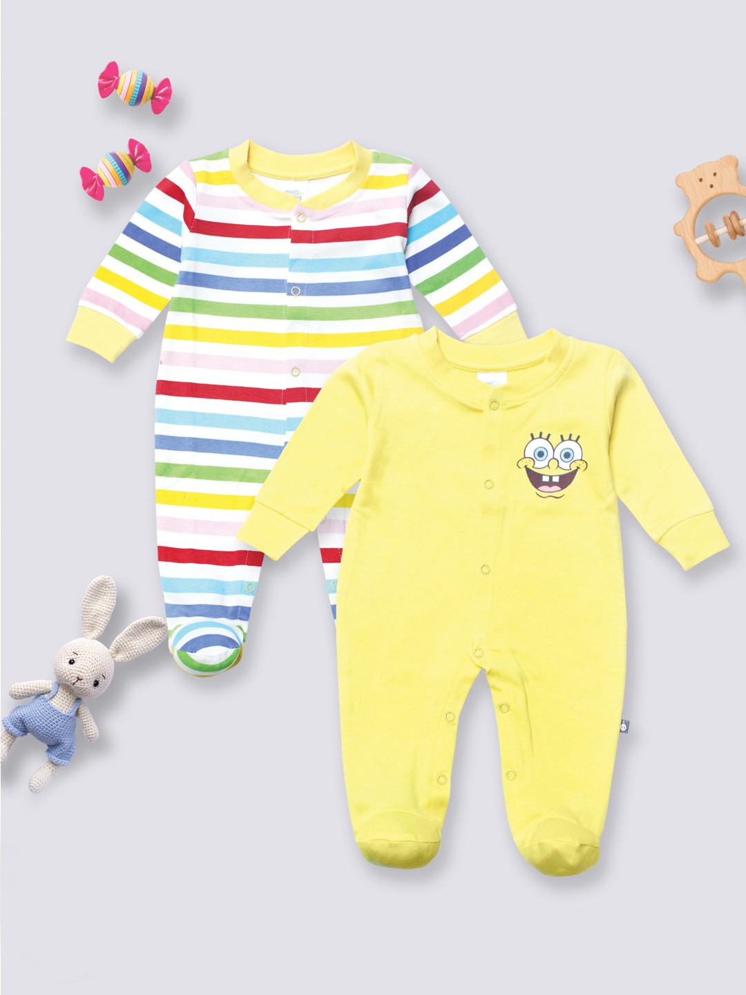 

Moms Love Infants Pack Of 2 Assorted Printed Sterilized Fabric Cotton Sleepsuit