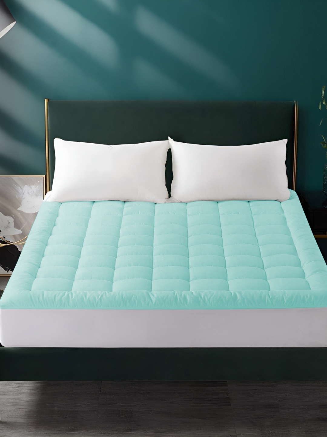 

LINENOVATION Turquoise Blue Pure Cotton Quilted Elastic Fitted Mattress Protector