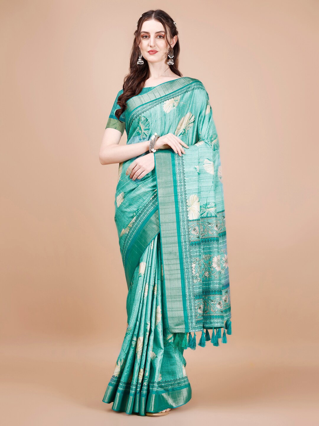 

JUST FASHION Floral Printed Zari Silk Blend Tussar Saree, Teal