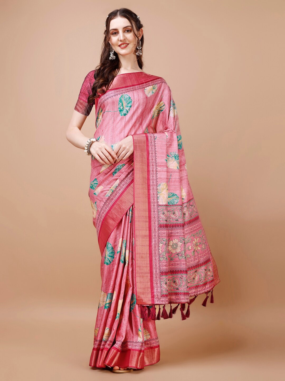 

JUST FASHION Floral Printed Zari Silk Blend Tussar Saree, Pink