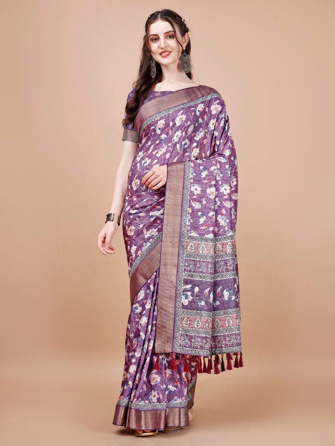 

JUST FASHION Floral Printed Zari Silk Blend Tussar Saree, Purple