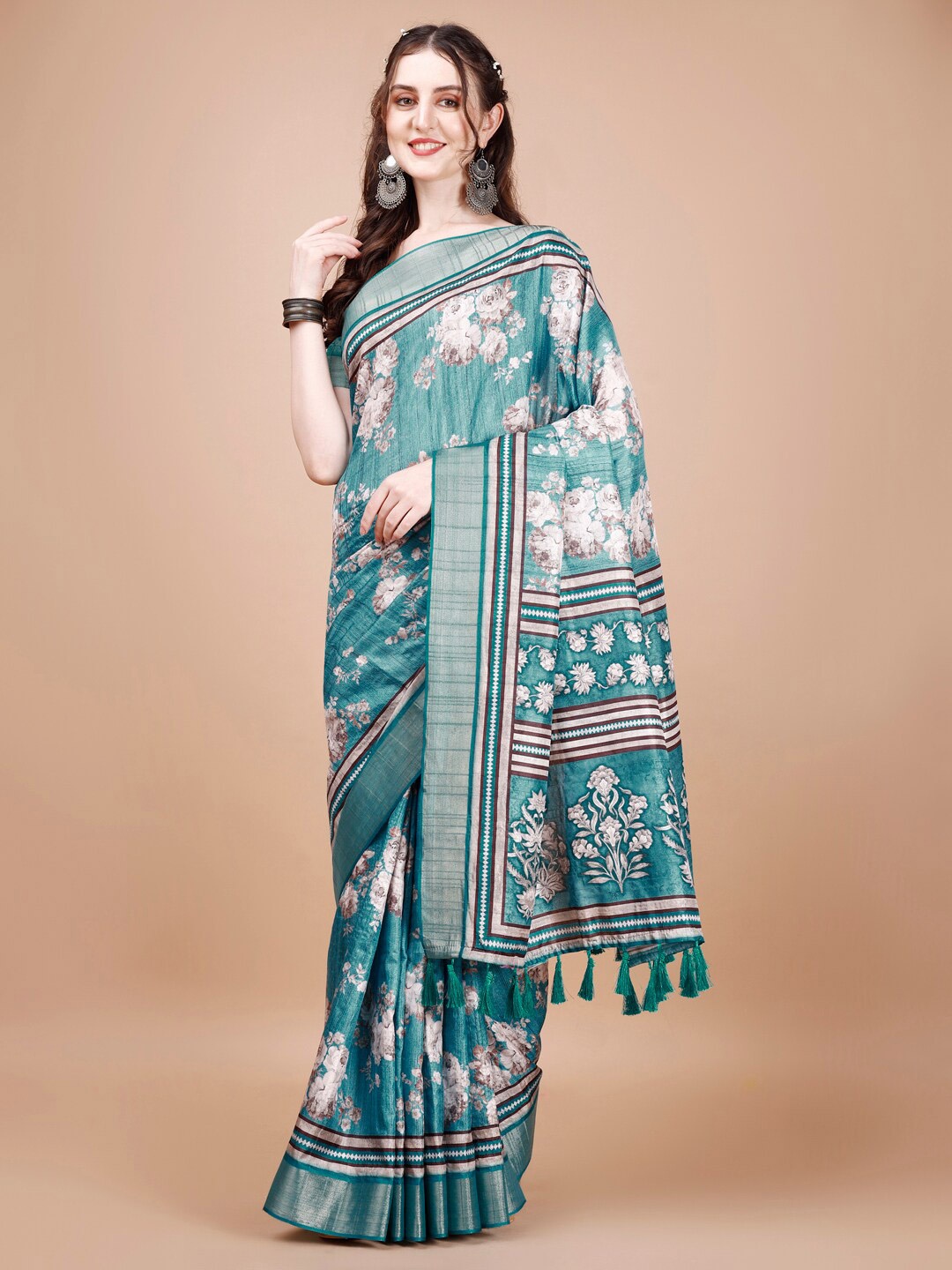 

JUST FASHION Floral Printed Zari Silk Blend Tussar Saree, Teal