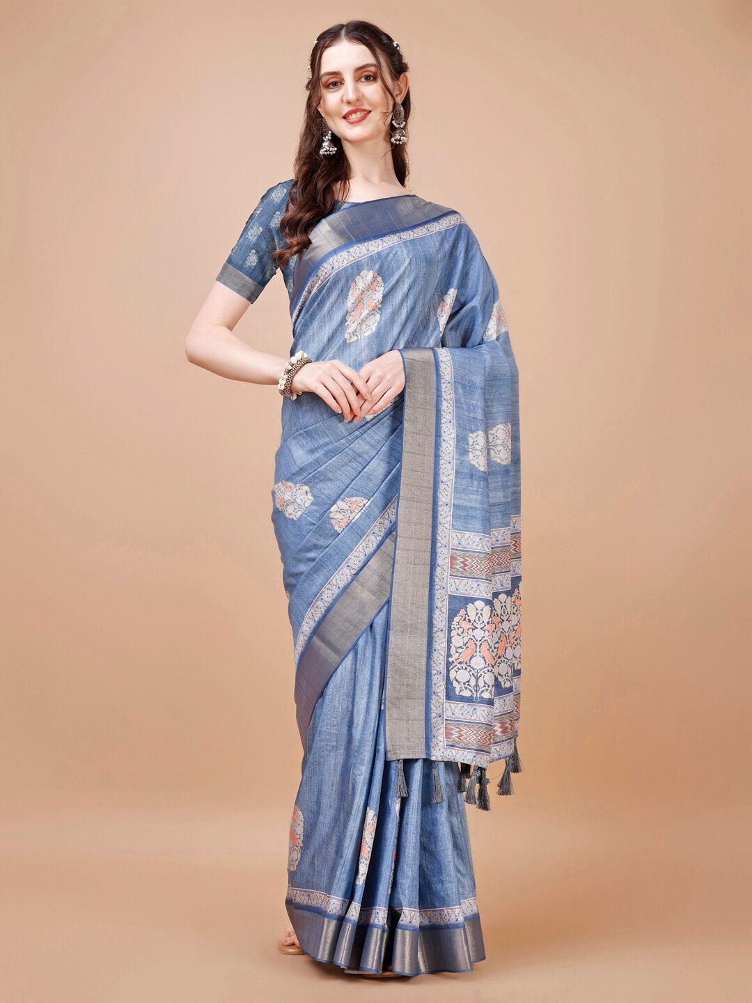 

JUST FASHION Ethnic Motifs Zari Silk Blend Tussar Saree, Blue