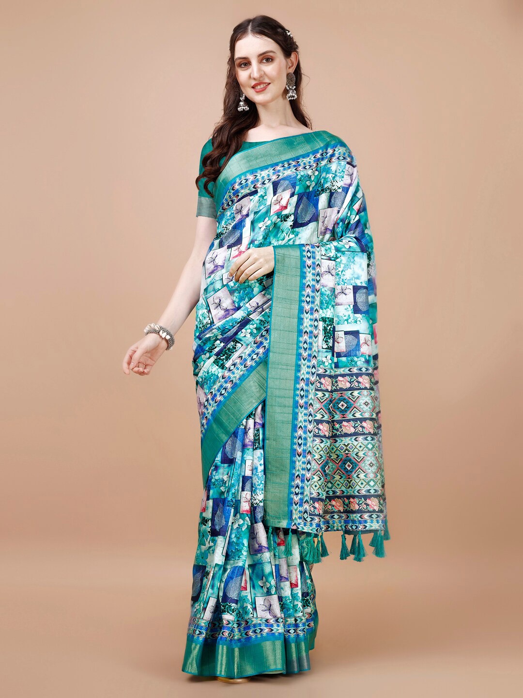 

JUST FASHION Floral Printed Zari Silk Blend Tussar Saree, Teal