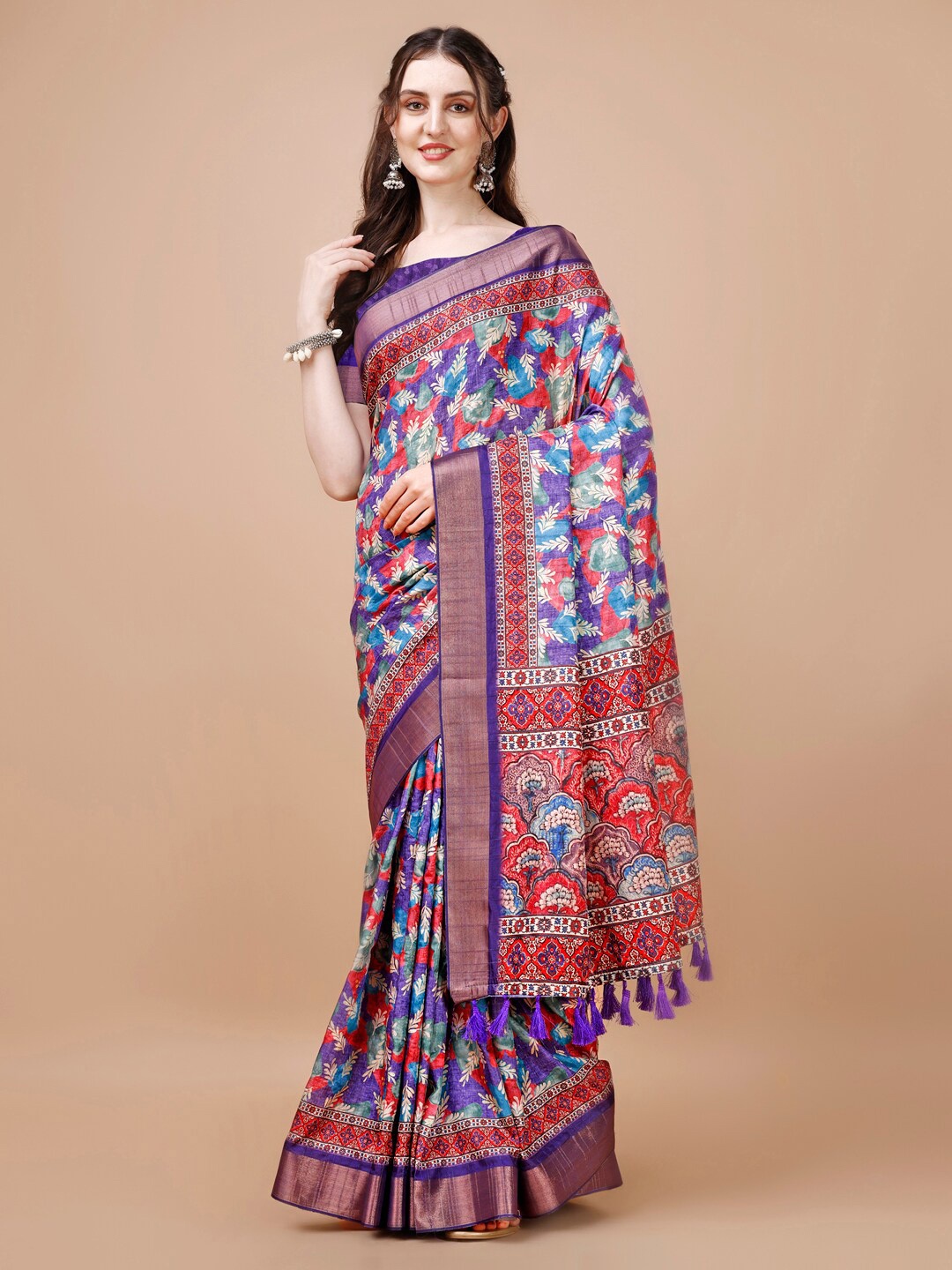 

JUST FASHION Floral Printed Zari Silk Blend Tussar Saree, Purple