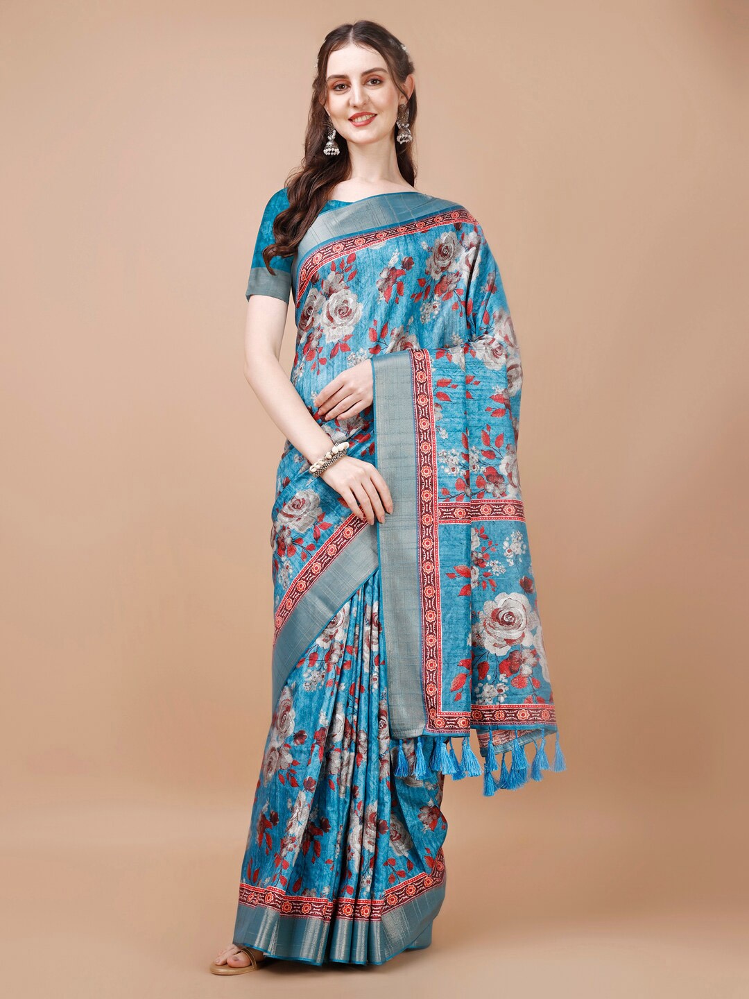 

JUST FASHION Floral Printed Zari Silk Blend Tussar Saree, Blue