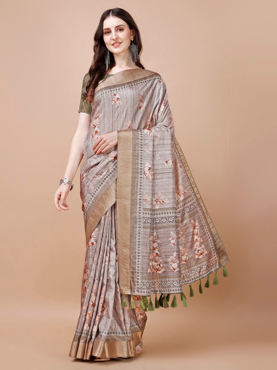 

JUST FASHION Floral Printed Zari Silk Blend Tussar Saree, Brown