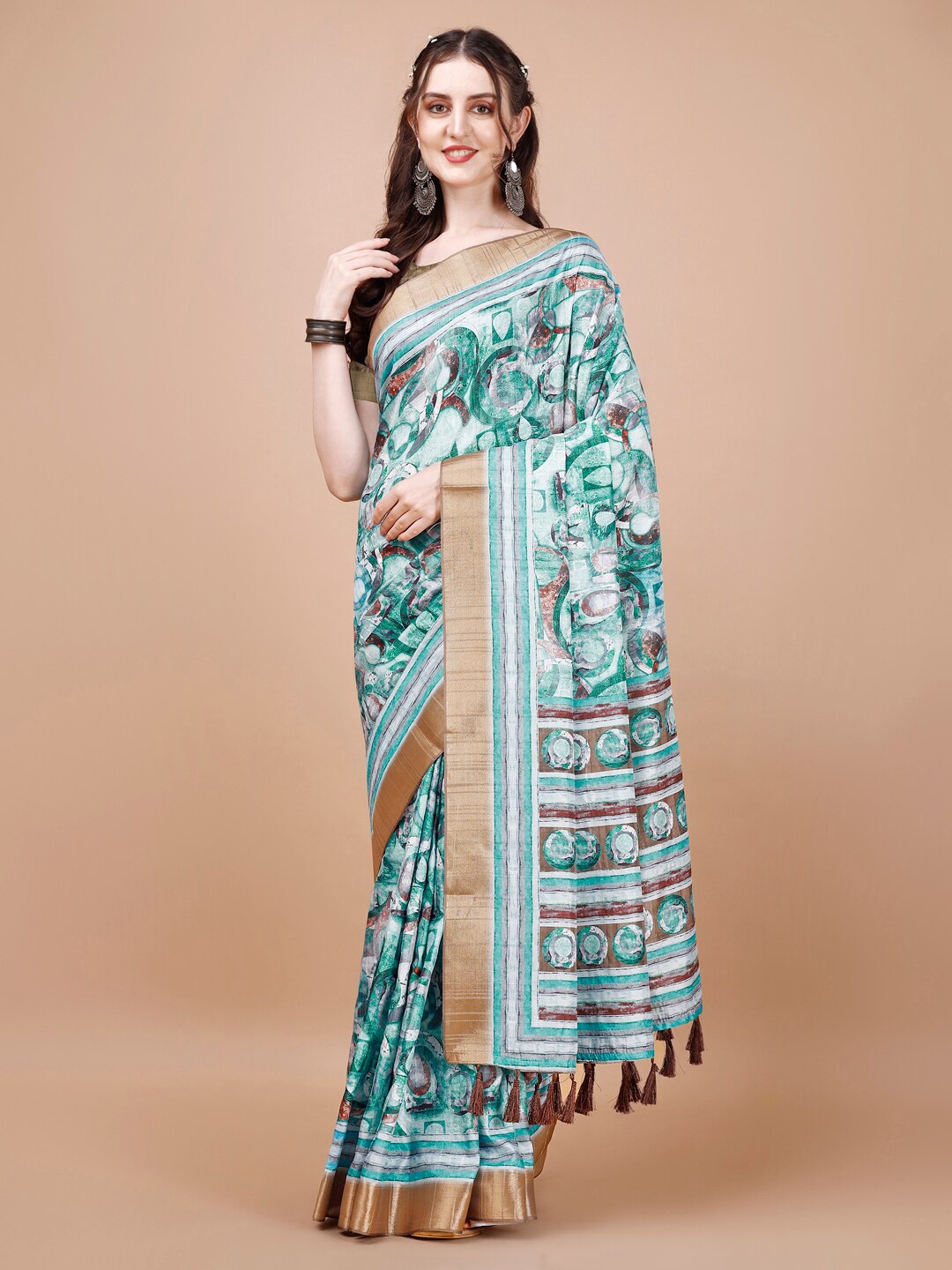 

JUST FASHION Abstract Printed Zari Silk Blend Tussar Saree, Teal