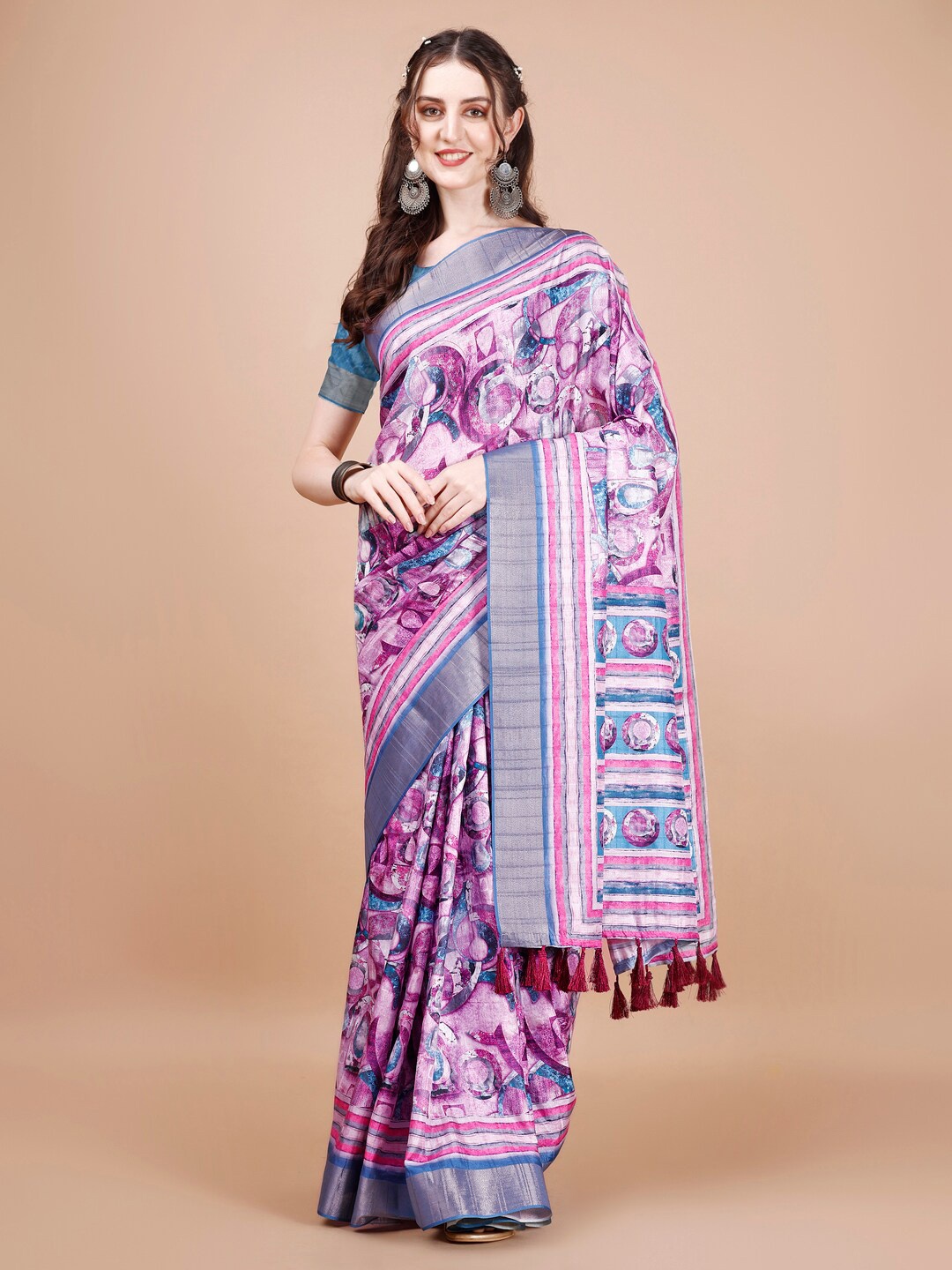 

JUST FASHION Abstract Printed Zari Silk Blend Tussar Saree, Pink