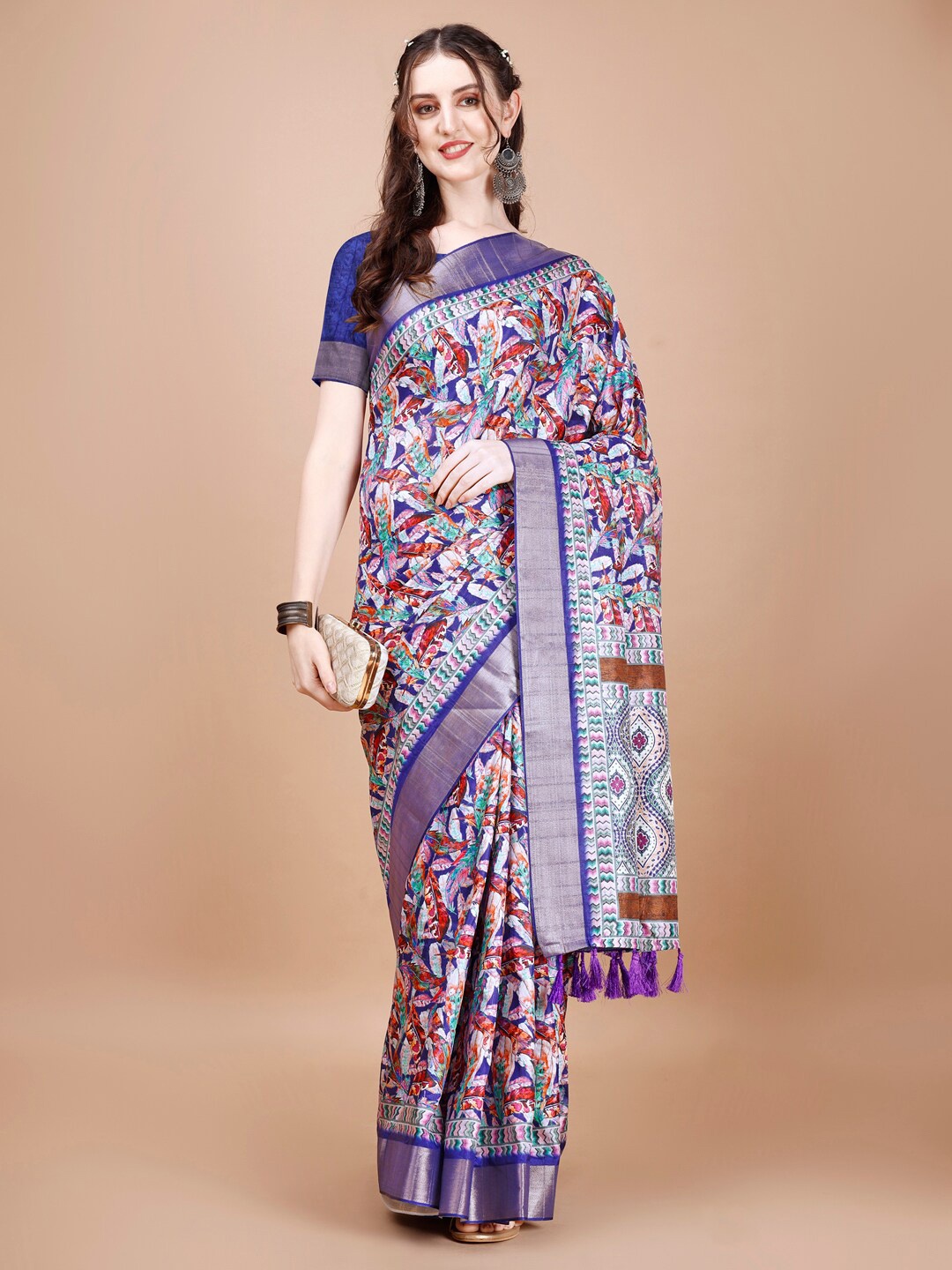 

JUST FASHION Floral Printed Zari Silk Blend Tussar Saree, Blue