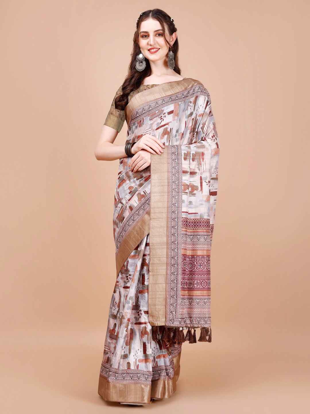 

JUST FASHION Abstract Printed Zari Silk Blend Tussar Saree, Brown