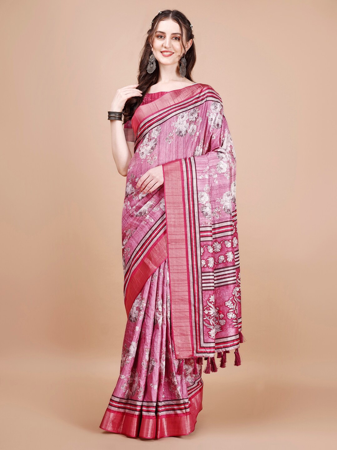 

JUST FASHION Floral Printed Zari Silk Blend Tussar Saree, Pink