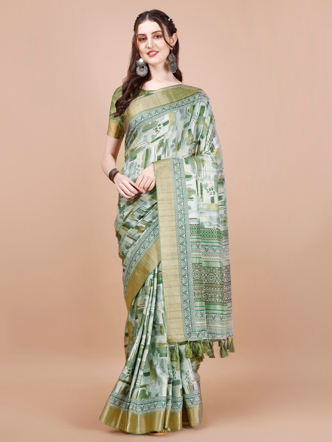 

JUST FASHION Abstract Printed Zari Silk Blend Tussar Saree, Green