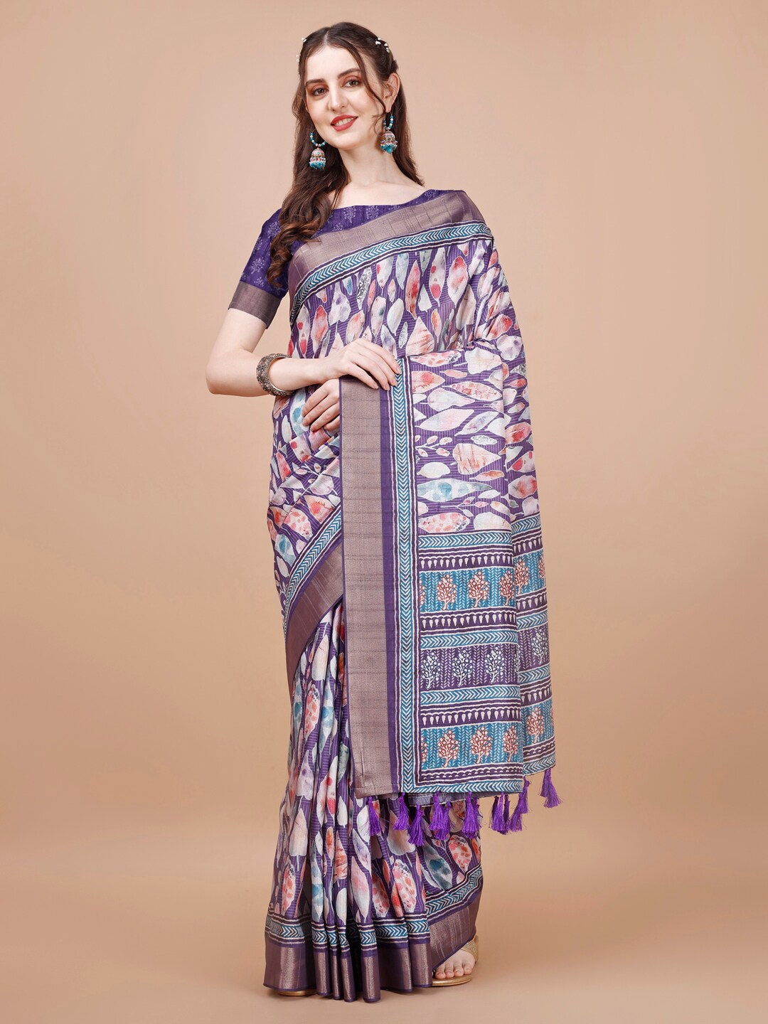 

JUST FASHION Abstract Printed Zari Silk Blend Tussar Saree, Purple