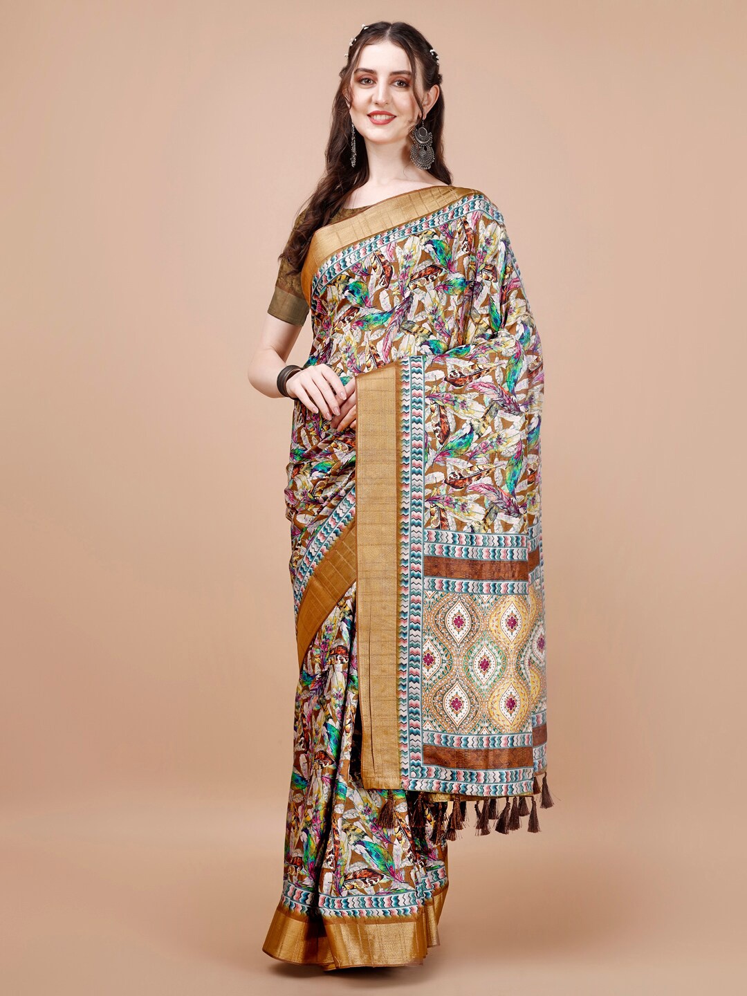 

JUST FASHION Floral Printed Zari Silk Blend Tussar Saree, Brown