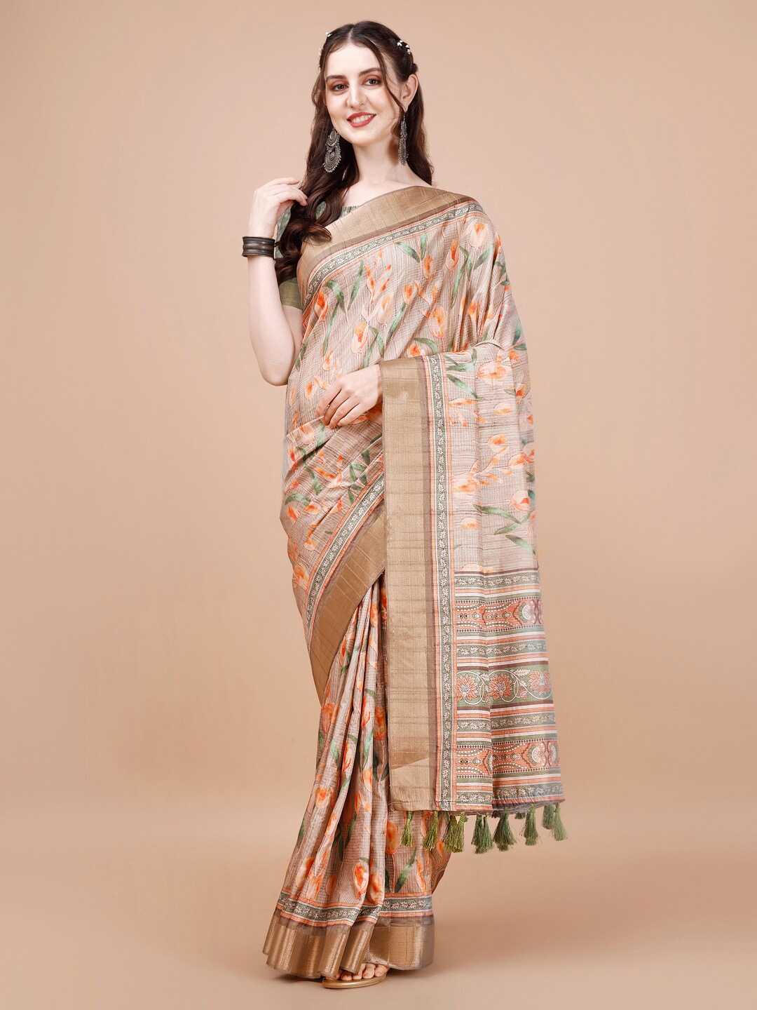 

JUST FASHION Floral Printed Zari Silk Blend Tussar Saree, Brown