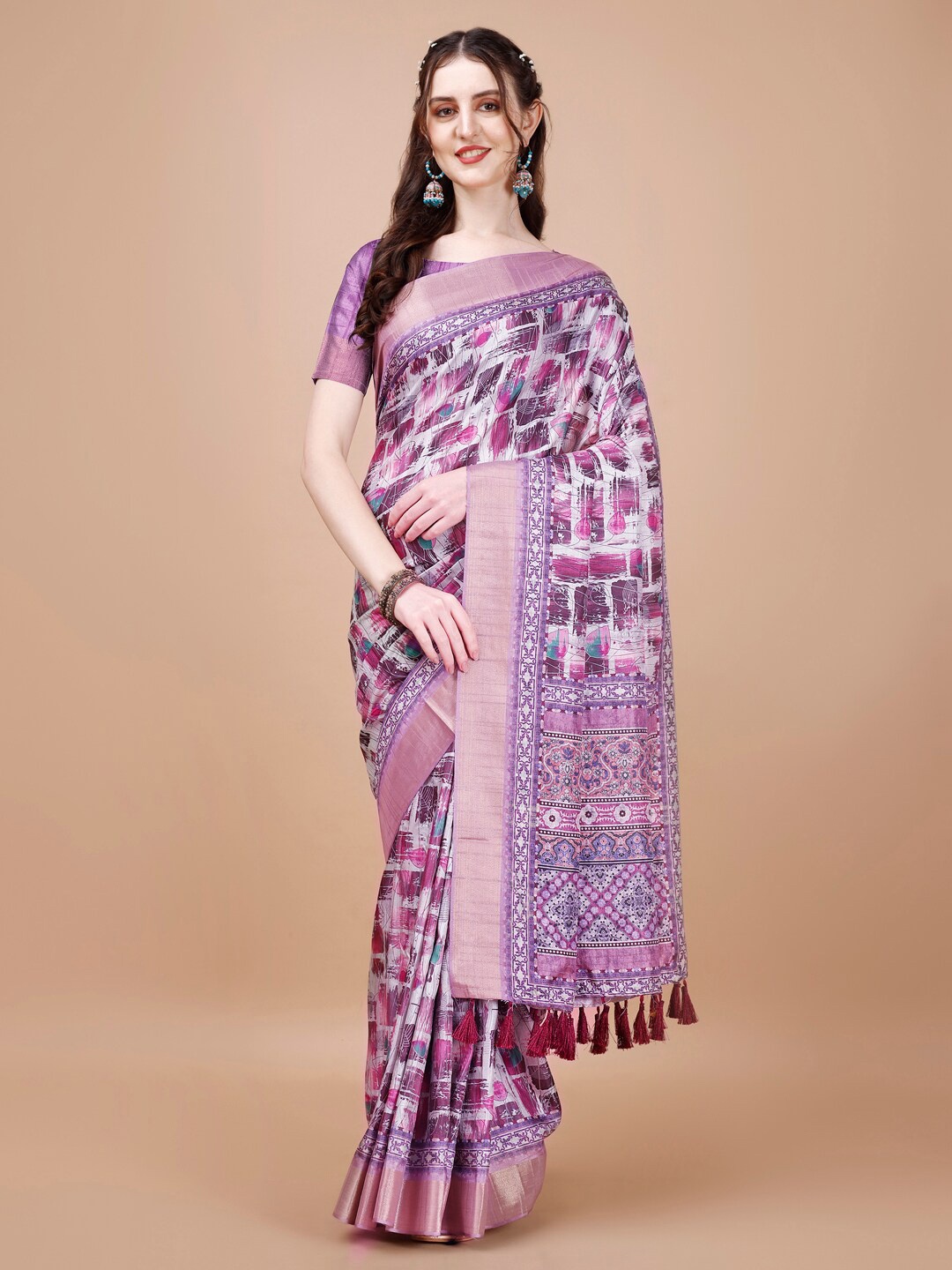 

JUST FASHION Abstract Printed Zari Silk Blend Tussar Saree, Purple